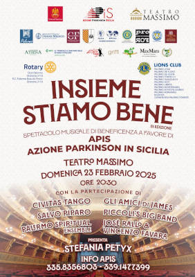 Serata di beneficenza domenica 23 febbraio al Teatro Massimo di Palermo, per festeggiare i primi 25 anni di vita dell’Apis, associazione Parkinson in Sicilia. A presentare l’evento sarà Stefania Petyx