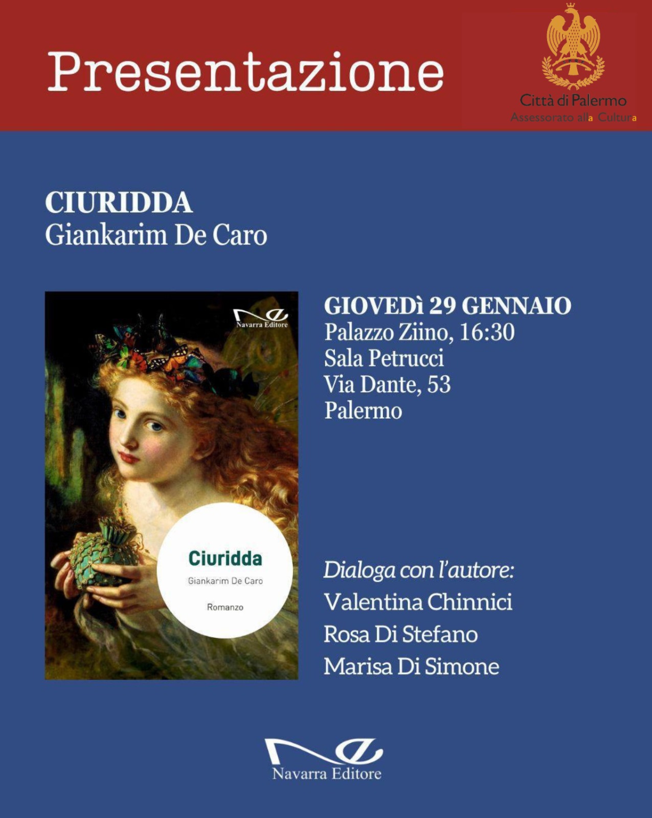 A Palazzo Ziino la presentazione di “Ciuridda”, sesto romanzo dello scrittore palermitano Giankarim De Caro
