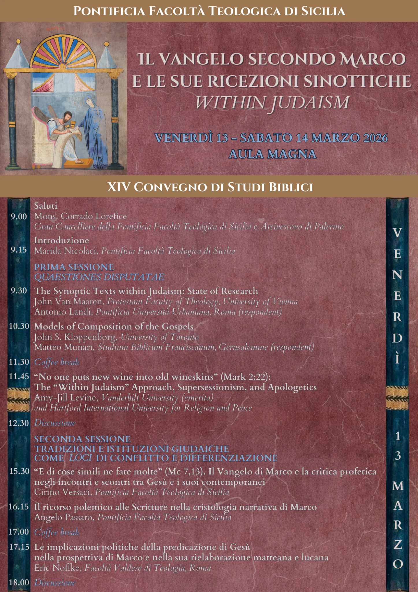 “Il Vangelo secondo Marco e le sue ricezioni sinottiche within Judaism”: XIV Convegno di Studi Biblici, 13 e 14 marzo 2026