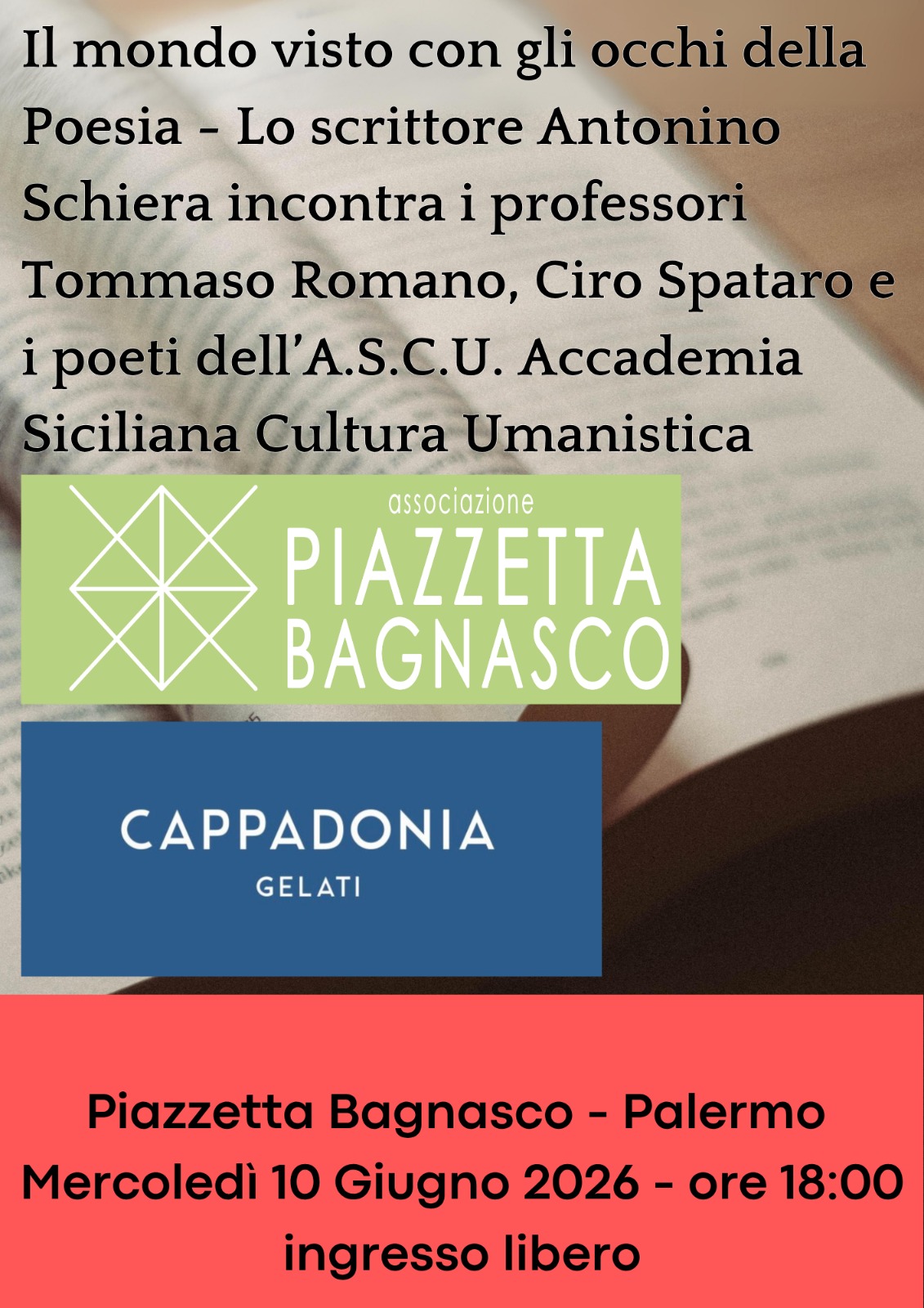 La poesia torna in piazzetta Bagnasco. Reading di versi con il professore Tommaso Romano e i poeti dell’Accademia Siciliana di Cultura Umanistica