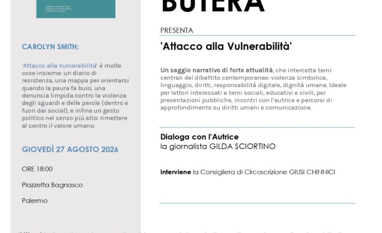 In piazzetta Bagnasco, Giorgia Butera presenta il suo libro “Attacco alla vulnerabilità”, diario di resistenza con la prefazione di Carolyn Smith