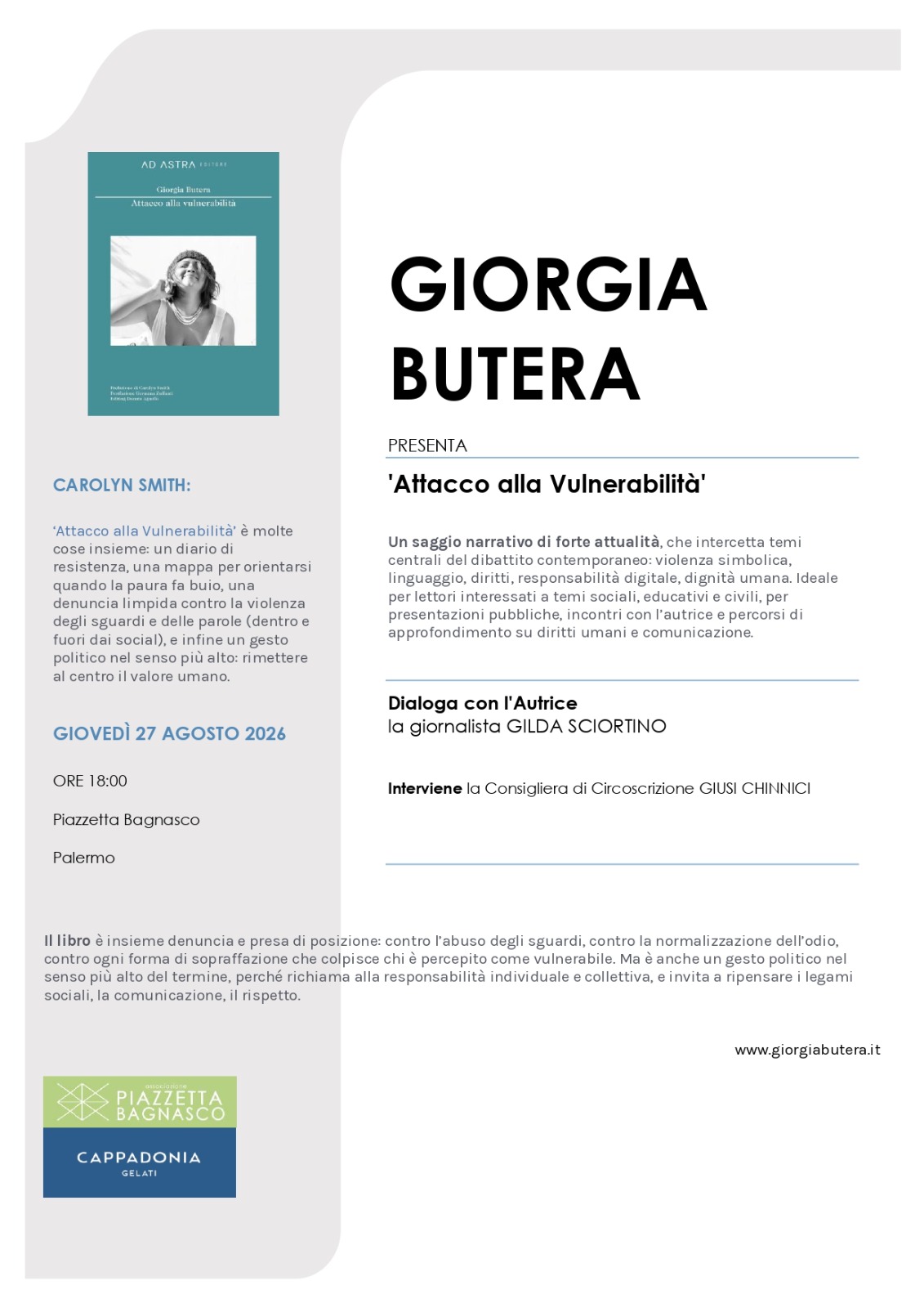In piazzetta Bagnasco, Giorgia Butera presenta il suo libro “Attacco alla vulnerabilità”, diario di resistenza con la prefazione di Carolyn Smith