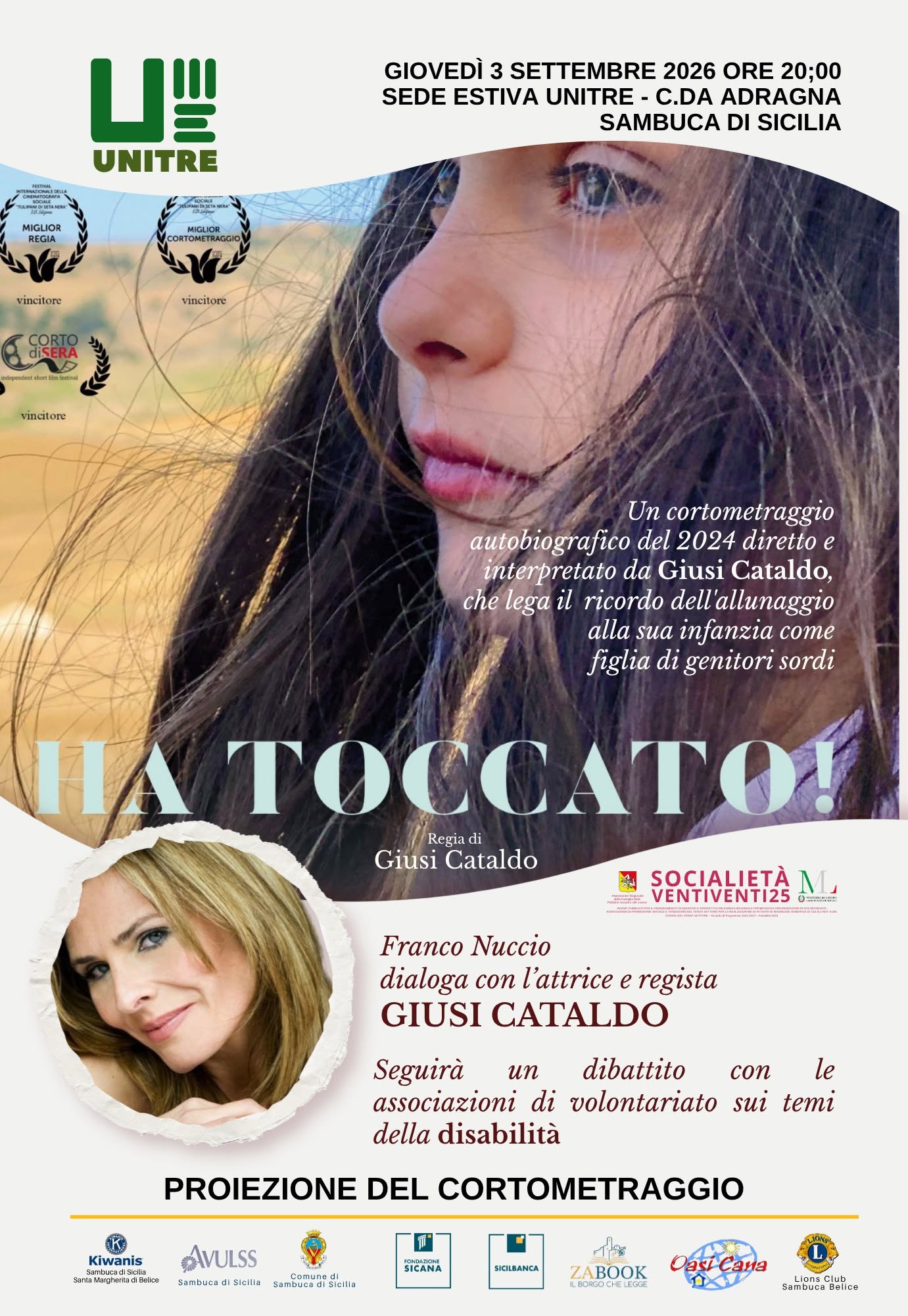A Sambuca Giusi Cataldo presenta “Ha toccato”: cinema e inclusione alla sede estiva UNITRE