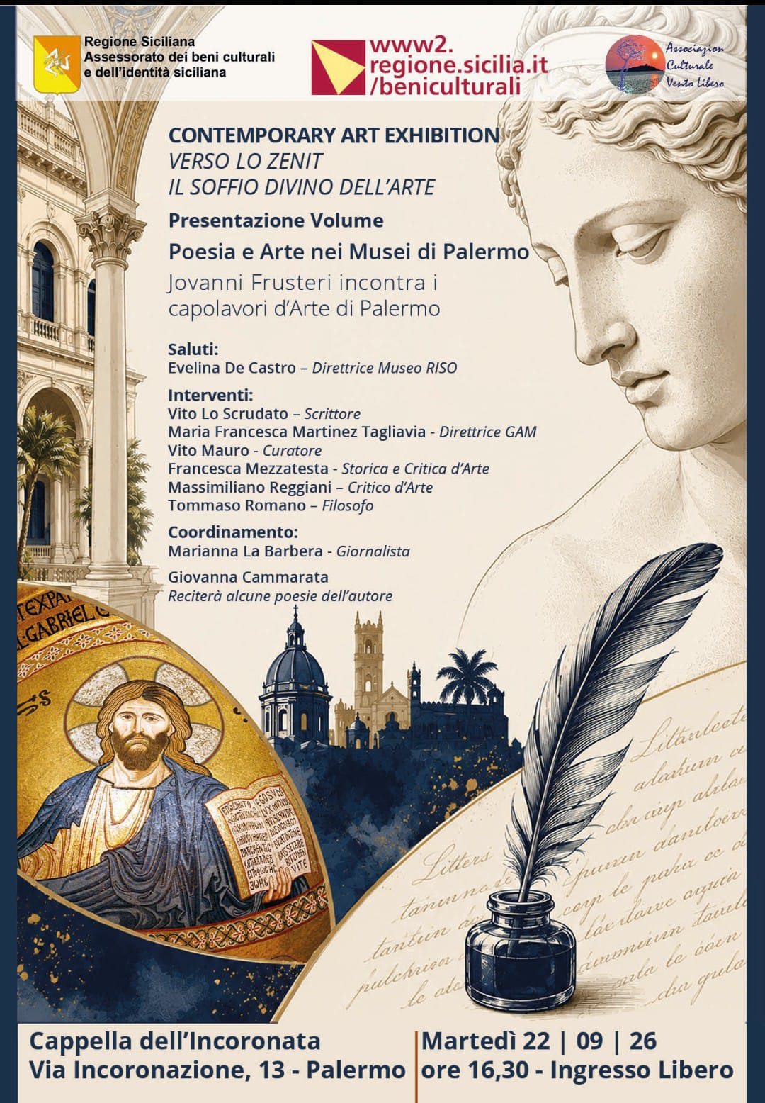 “Poesia e Arte nei Musei di Palermo”, nella Cappella dell’Incoronata la presentazione del libro di Jovanni Frusteri a cura di Massimiliano Reggiani e Vito Mauro