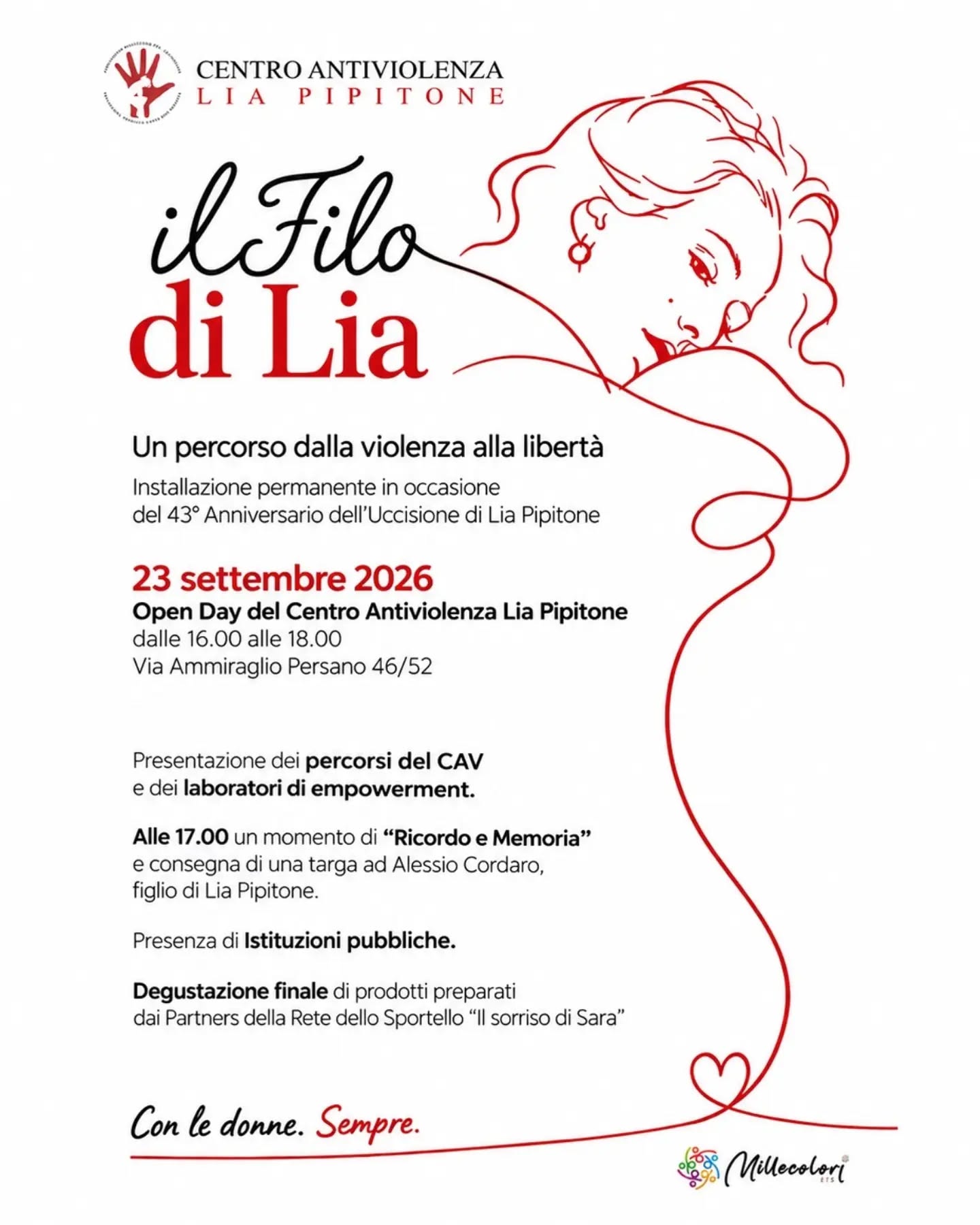 43° anniversario dell’uccisione di Lia Pipitone: il Centro antiviolenza inaugura l’installazione artistica permanente “Il Filo di Lia” e apre le porte alla città