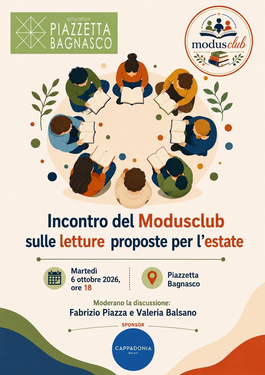 Piazzetta Bagnasco, martedì 6 Ottobre, mette in circolo i libri discussi e confrontati attraverso il  Modusclub