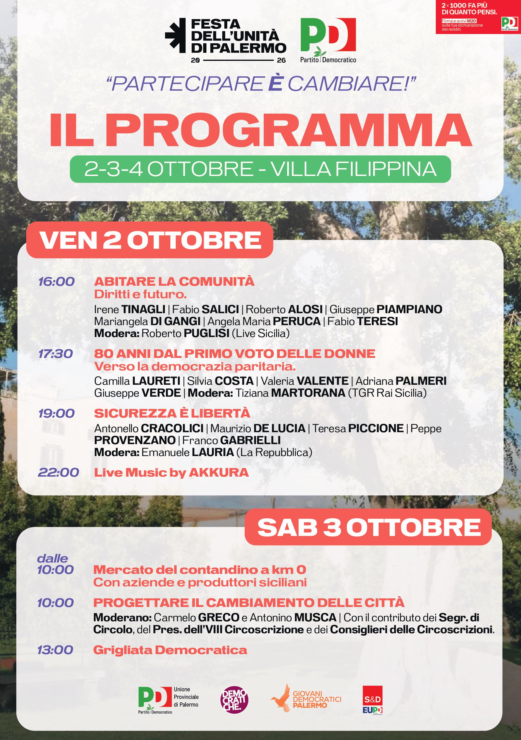 Al via oggi alle 16 la Festa dell’Unità di Palermo 