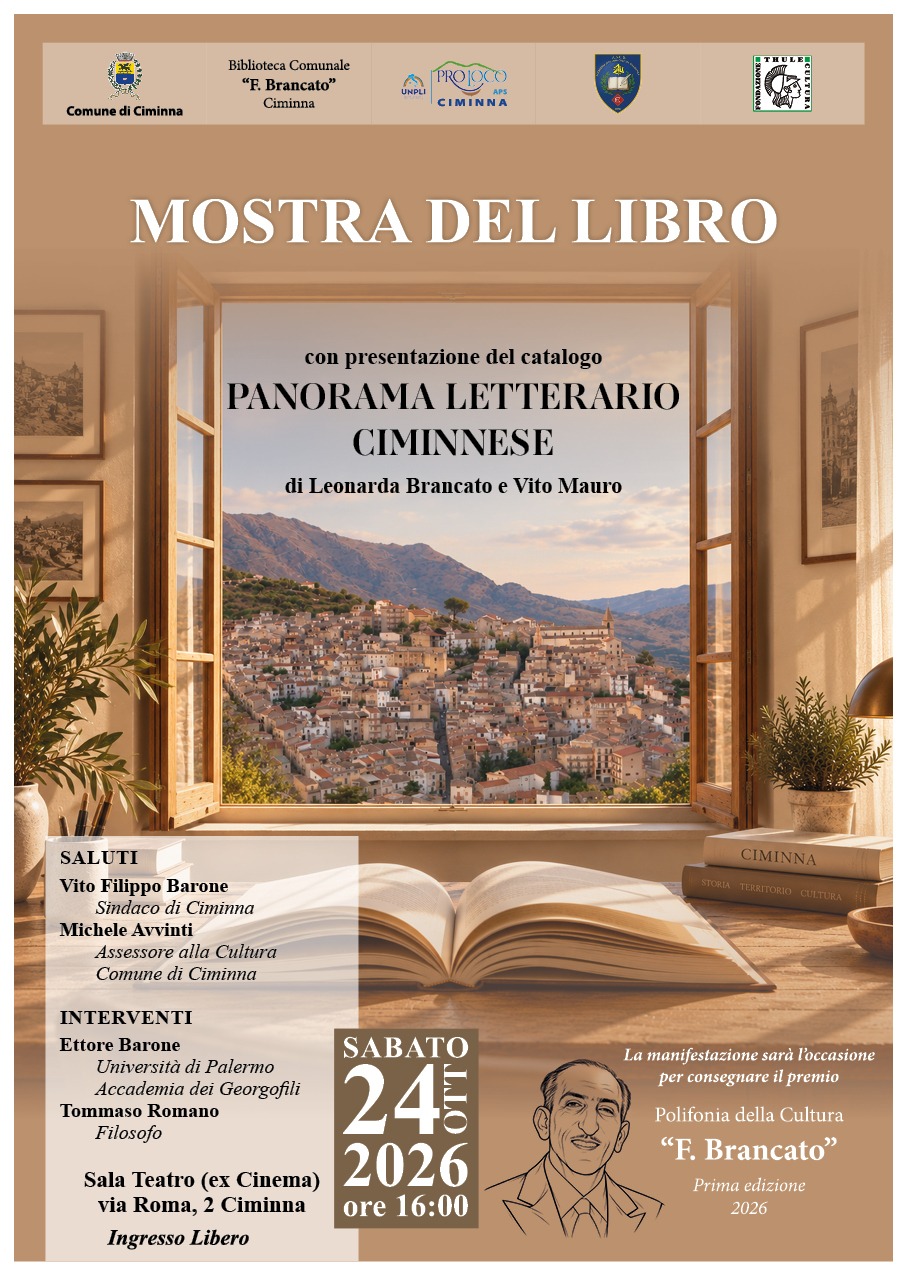 Ciminna celebra i suoi autori: il 24 ottobre la presentazione del catalogo “Panorama letterario ciminnese” e il Premio “Polifonia della Cultura” dedicato al Prof. Francesco Brancato.