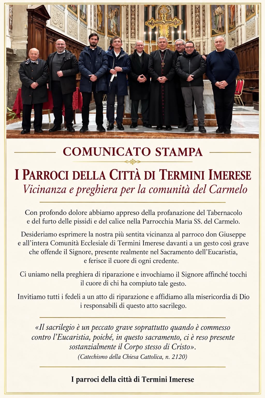 Atto sacrilego nella parrocchia Maria Santissima del Carmelo a Termini Imerese